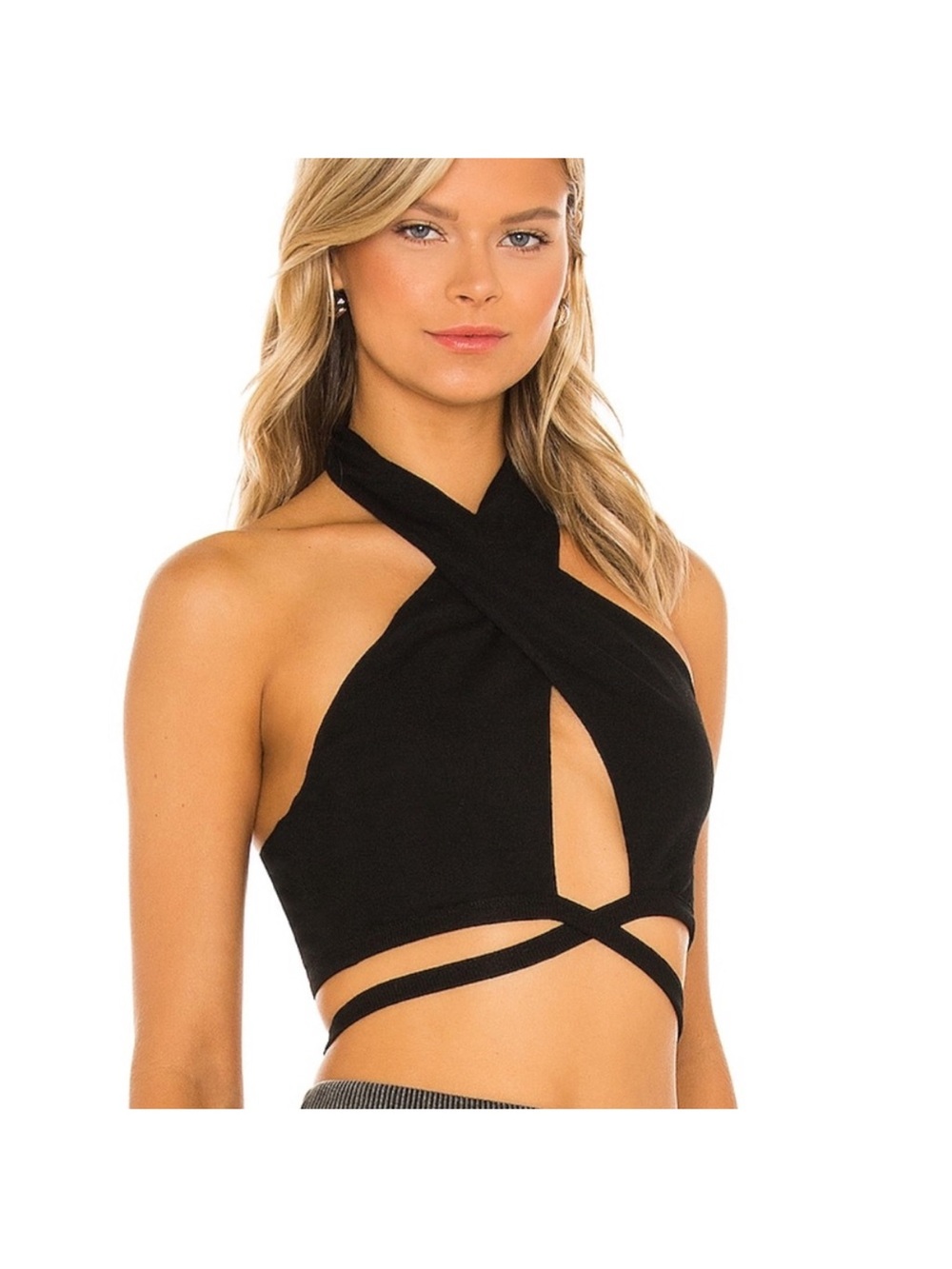Superdown Mariella Black Crisscross Halter Wrap Crop Revolve size small Black